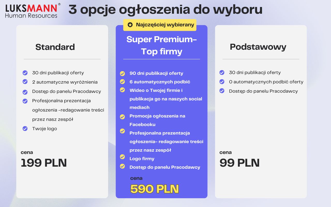 Cennik LUKSMANN: Standard 199 PLN, Super Premium – Top firmy 590 PLN, Podstawowy 99 PLN.